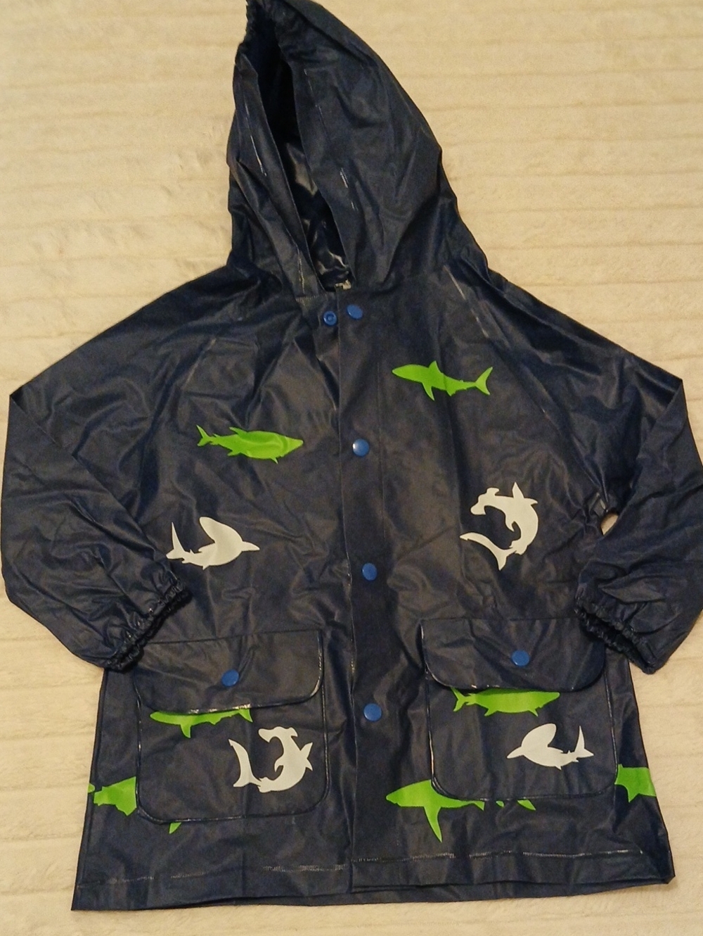 Lilly of New York Navy Hooded Raincoat with Green & White Shark Motifs Size 12